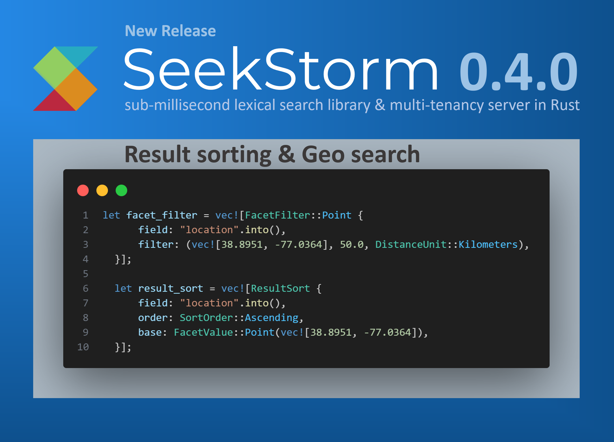 SeekStorm gets Faceted search, Geo proximity search, Result sorting